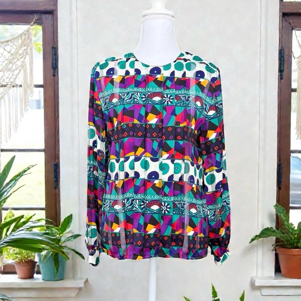 Nicola Vintage Blouse Top Shirt Pleating Abstract Print S Small M Medium 8